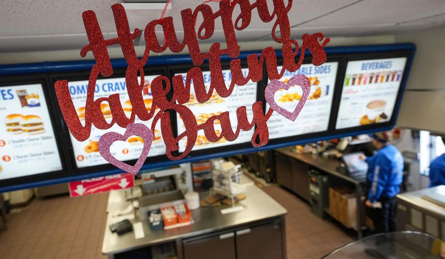 Valentine's decorations are shown at a White Castle location in Indianapolis, Thursday, Feb. 12, 2026. (AP Photo/Michael Conroy)