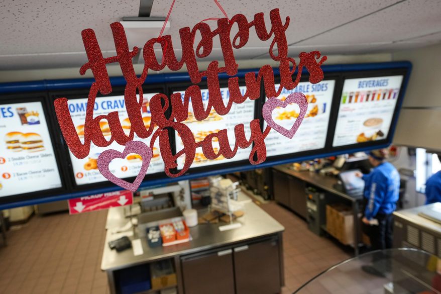 Valentine's decorations are shown at a White Castle location in Indianapolis, Thursday, Feb. 12, 2026. (AP Photo/Michael Conroy)