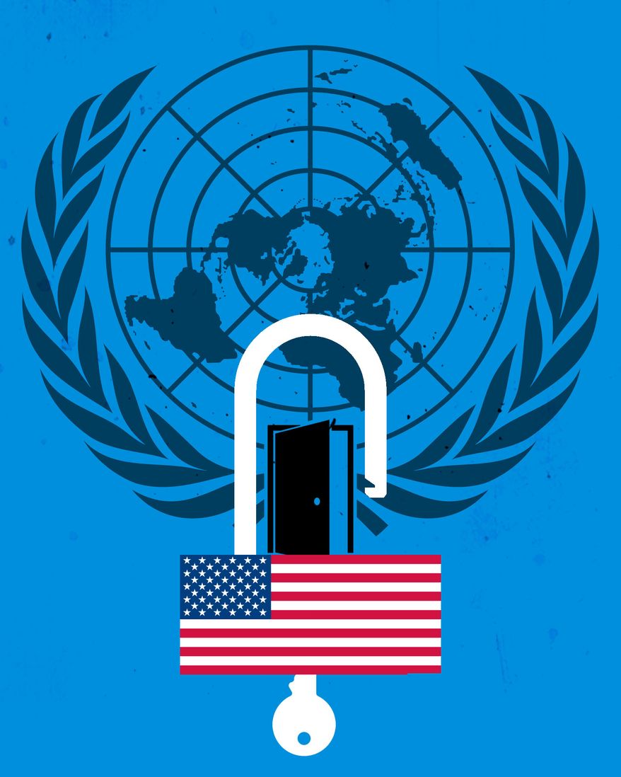 The United States of America leaving the United Nations illustration by Linas Garsys / The Washington Times
