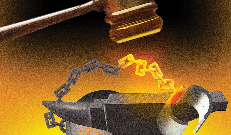Courts violating American citizens' freedoms illustration by Alexander Hunter/The Washington Times