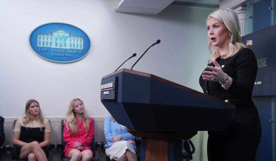 White House press secretary Karoline Leavitt speaks during a briefing at the White House, Wednesday, Feb. 18, 2026, in Washington. (AP Photo/Evan Vucci)