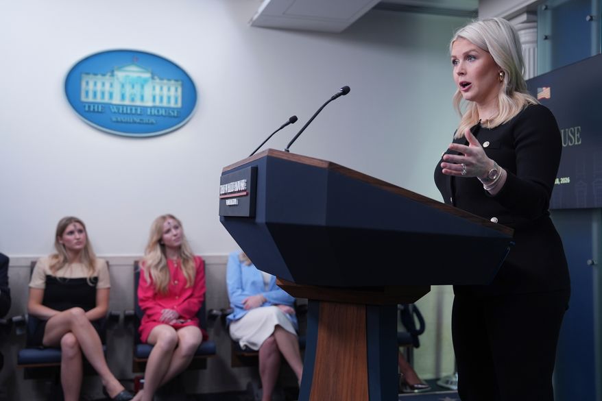 White House press secretary Karoline Leavitt speaks during a briefing at the White House, Wednesday, Feb. 18, 2026, in Washington. (AP Photo/Evan Vucci)
