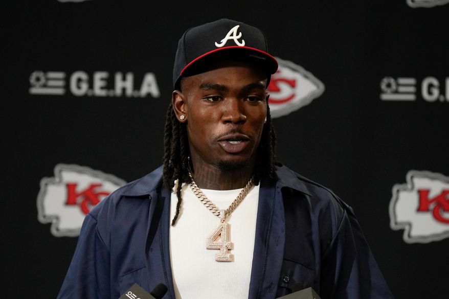 FILE - Kansas City Chiefs wide receiver Rashee Rice (4) speaks during a news conference following an NFL football game against the Indianapolis Colts, Nov. 23, 2025, in Kansas City, Mo. (AP Photo/Charlie Riedel, File)