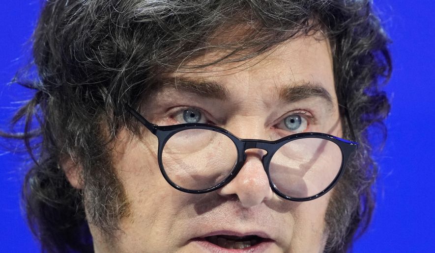 President of Argentina Javier Milei speaks during the Annual Meeting of the World Economic Forum in Davos, Switzerland, Wednesday, Jan. 21, 2026. (AP Photo/Markus Schreiber)
