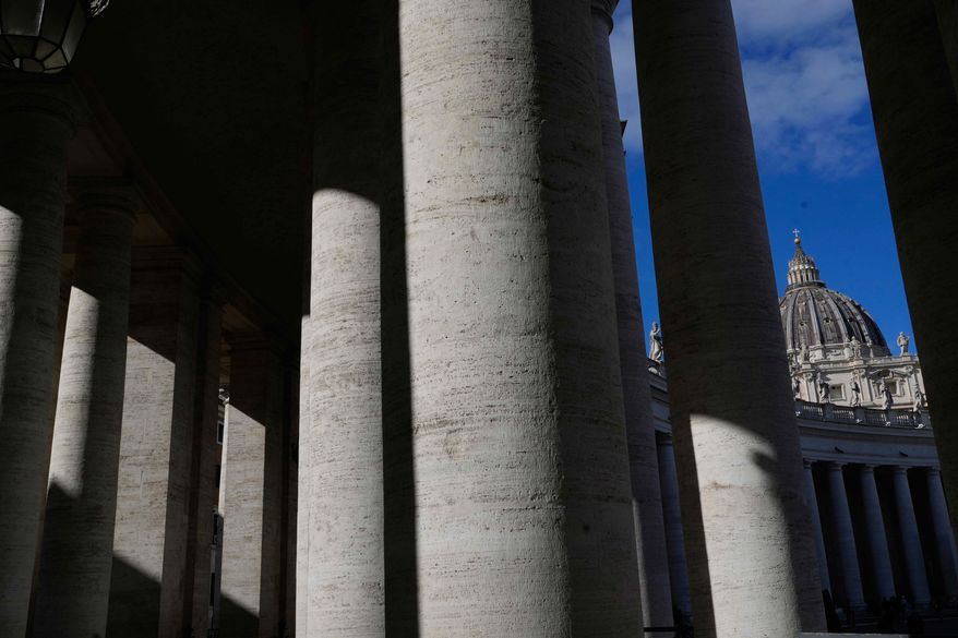A view of Gian Lorenzo Bernini's 17th-century colonnade in St. Peter's Square in Vatican City, on Sunday, Feb. 15, 2026, which was built with travertine from Tivoli, Italy, 35 kilometers east of Rome. (AP Photo/Gregorio Borgia)