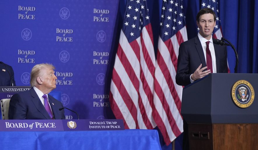 Jared Kushner speaks during a Board of Peace meeting at the U.S. Institute of Peace in Washington on Thursday, Feb. 19, 2026, as President Donald Trump looks on. (AP Photo/Mark Schiefelbein) **FILE**