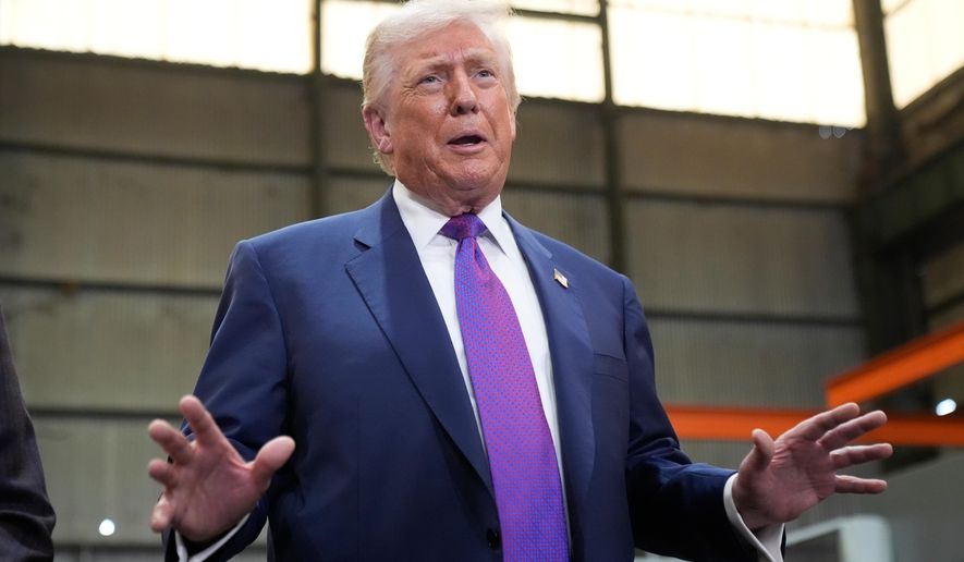 President Donald Trump visits Coosa Steel Corporation in Rome, Ga., Thursday, Feb. 19, 2026. (AP Photo/Mark Schiefelbein)