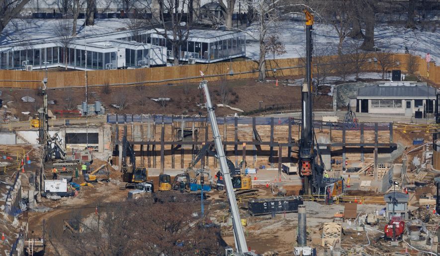 Construction continues on the ballroom where the East Wing used to stand at the White House, Friday, Feb. 13, 2026, in Washington. (AP Photo/Tom Brenner)