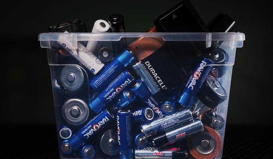 Batteries are displayed in a box Wednesday, Feb. 11, 2026, in Cincinnati. (AP Photo/Joshua A. Bickel)