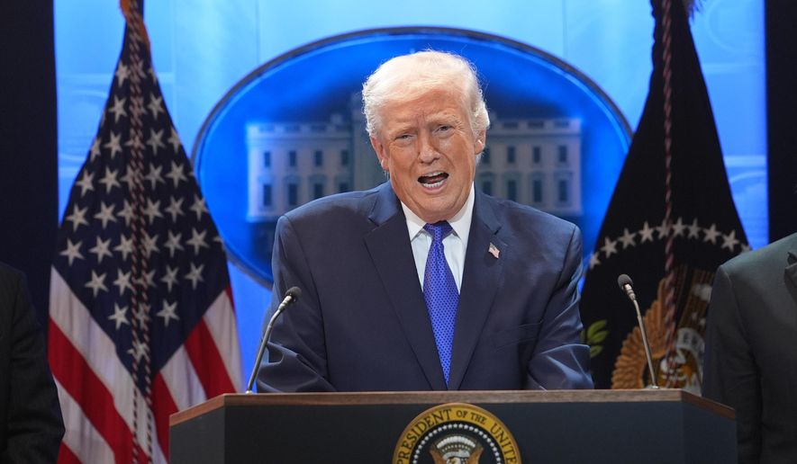 President Donald Trump speaks during a press briefing at the White House, Friday, Feb. 20, 2026, in Washington. (AP Photo/Evan Vucci)