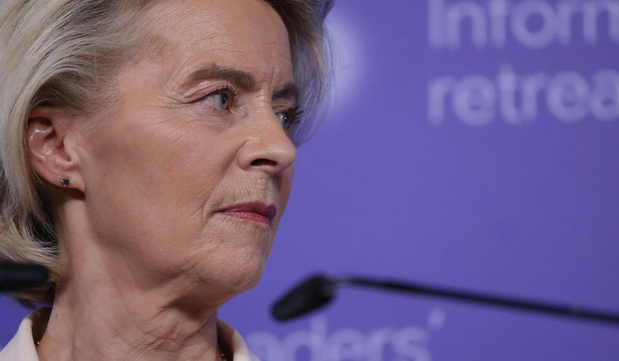 European Commission President Ursula von der Leyen addresses the media at the end of an EU summit at Alden Biesen Castle in Bilzen-Hoeselt, Belgium, Thursday, Feb. 12, 2026. (AP Photo/Omar Havana)