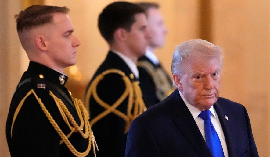 President Donald Trump arrives for an event to proclaim "Angel Family Day" in the East Room of the White House, Monday, Feb. 23, 2026, in Washington. (AP Photo/Alex Brandon)