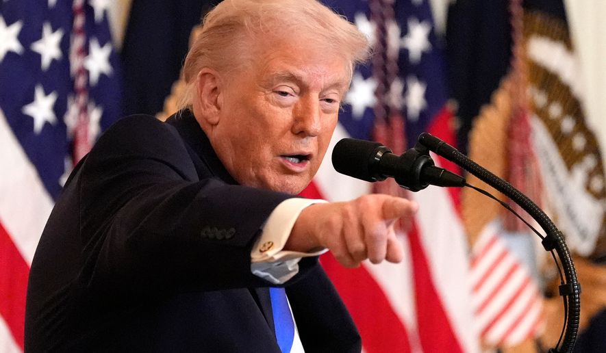 President Donald Trump speaks during an event to proclaim "Angel Family Day" in the East Room of the White House, Monday, Feb. 23, 2026, in Washington. (AP Photo/Alex Brandon)