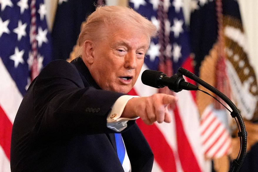 President Donald Trump speaks during an event to proclaim "Angel Family Day" in the East Room of the White House, Monday, Feb. 23, 2026, in Washington. (AP Photo/Alex Brandon)