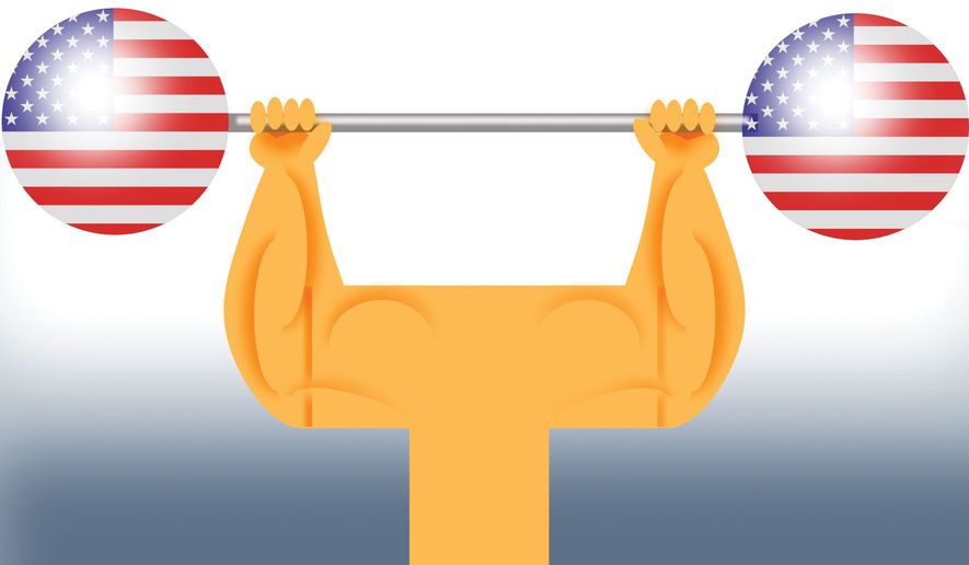 President Donald Trump making America strong again illustration by Alexander Hunter/The Washington Times