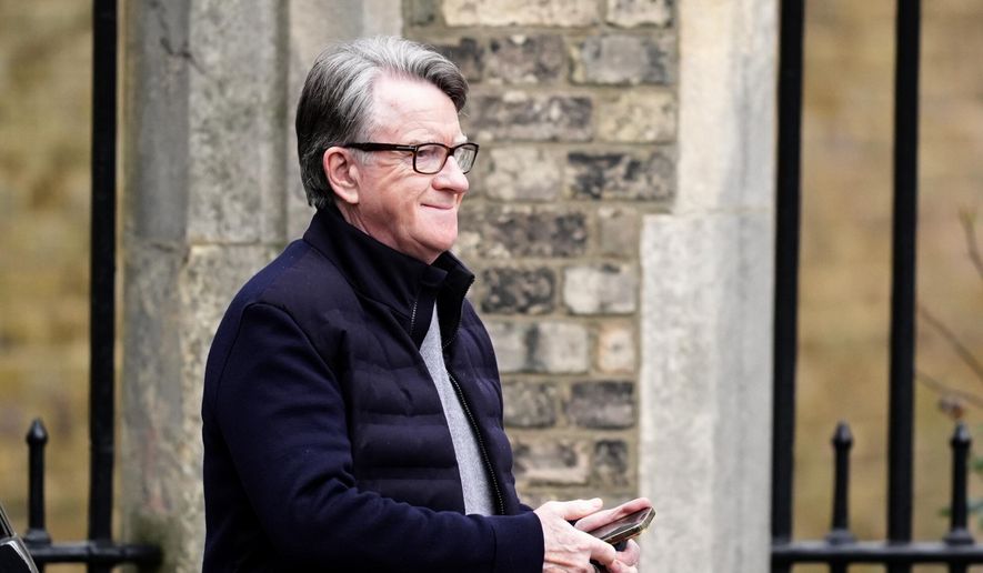 Peter Mandelson is seen outside his home in north west London, Saturday, Feb. 21, 2026. (James Manning/PA via AP)