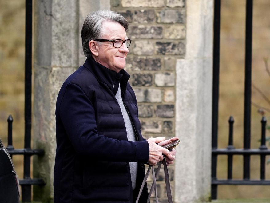 Peter Mandelson is seen outside his home in north west London, Saturday, Feb. 21, 2026. (James Manning/PA via AP)