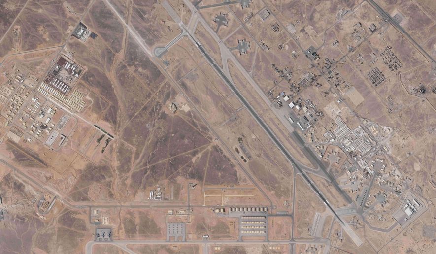 This satellite image from Planet Labs PBC shows Muwaffaq Salti Air Base in Jordan on Saturday, Feb. 21, 2026. (Planet Labs PBC via AP)