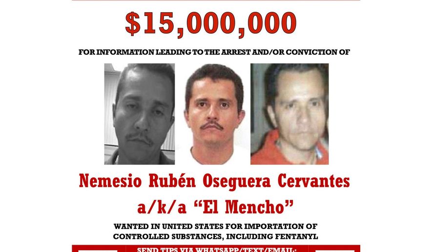 This wanted poster released on Dec. 4, 2024 on the U.S. State Department website shows leader of the Jalisco New Generation Cartel, Nemesio Rubén Oseguera Cervantes, known as “El Mencho.” (U.S. State Department via AP)