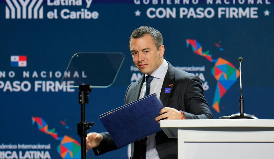 Ecuador's President Daniel Noboa attends an economic forum organized by the Development Bank of Latin America and the Caribbean (CAF) in Panama City, Wednesday, Jan. 28, 2026. (AP Photo/Matias Delacroix) ** FILE **