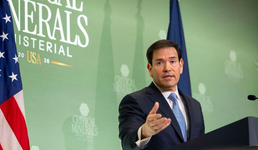 Secretary of State Marco Rubio speaks at a news conference during the Critical Minerals Ministerial meeting at the State Department, Wednesday, Feb. 4, 2026 in Washington. (AP Photo/Kevin Wolf)