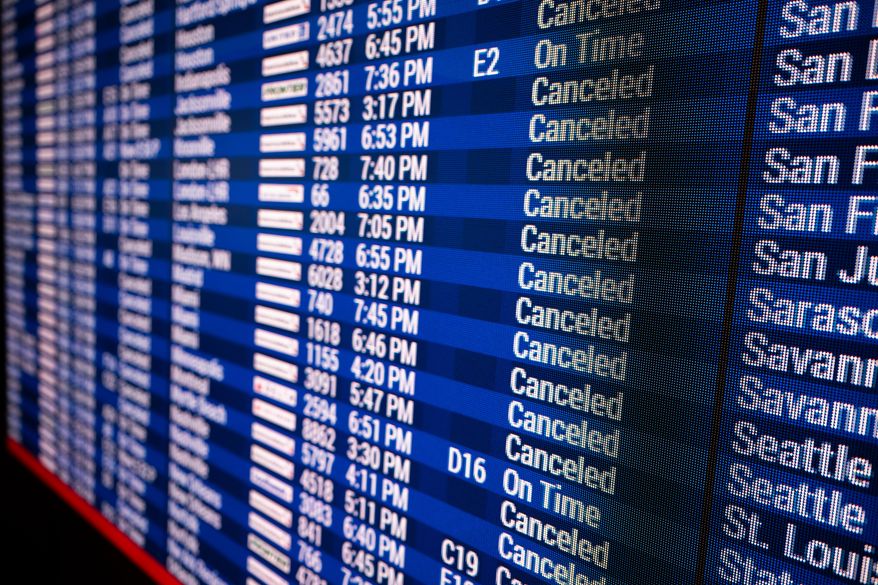 Rows of cancelled flights are displayed at the Philadelphia International Airport on Monday, Feb. 23, 2026 in Philadelphia. (AP Photo/Joe Lamberti)