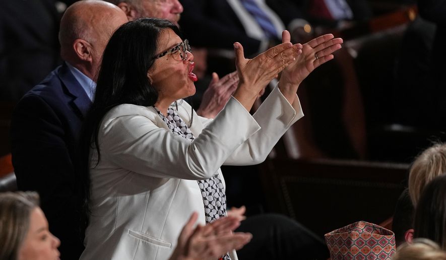 Rep. Rashida Tlaib, D-Mich., gestures as President Donald Trump delivers the State of the Union address to a joint session of Congress in the House chamber at the U.S. Capitol in Washington, Tuesday, Feb. 24, 2026. (AP Photo/Matt Rourke)
