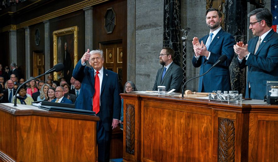 President Donald Trump delivers the State of the Union address to a joint session of Congress in the House chamber at the U.S. Capitol in Washington, Tuesday, Feb. 24, 2026. (Kenny Holston/The New York Times via AP, Pool)