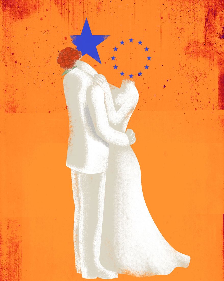 Europe and the United States of America's relationship illustration by Linas Garsys / The Washington Times