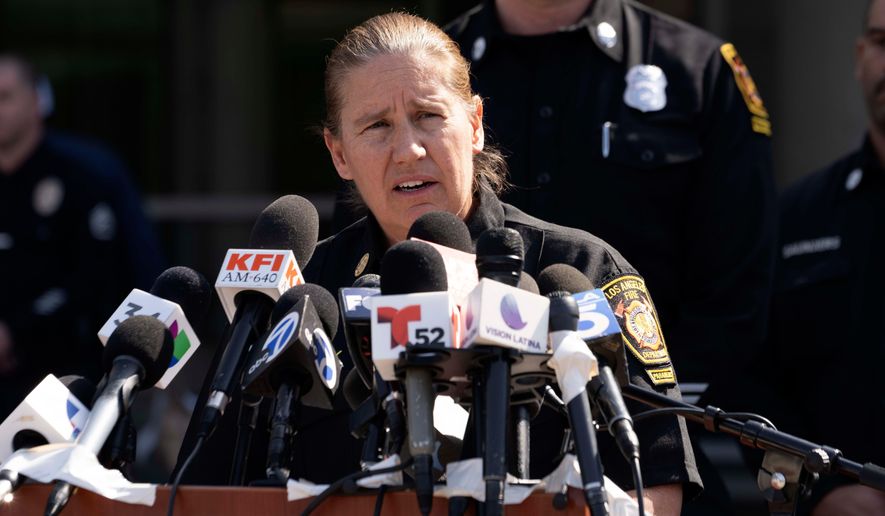 FILE - Los Angeles Fire Department Chief Kristin Crowley talks during a news conference at Harbor–UCLA Medical Center, in the West Carson area of Los Angeles, Feb. 15, 2024. (AP Photo/Richard Vogel, File)