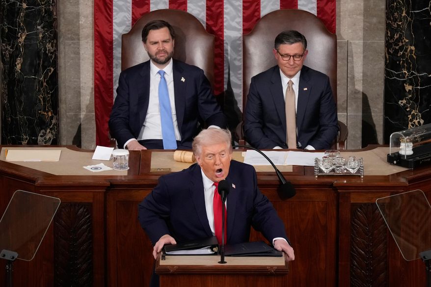 President Donald Trump delivers the State of the Union address to a joint session of Congress in the House chamber at the U.S. Capitol in Washington, Tuesday, Feb. 24, 2026, as Vice President JD Vance and House Speaker Mike Johnson of La., listen. (AP Photo/Mark Schiefelbein)
