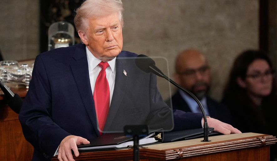 President Donald Trump delivers the State of the Union address to a joint session of Congress in the House chamber at the U.S. Capitol in Washington, Tuesday, Feb. 24, 2026. (AP Photo/Alex Brandon)