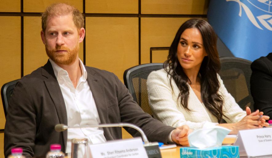 In this handout photo released by the World Health Organization, Prince Harry and his wife, Meghan, Duchess of Sussex, visit the Specialty Hospital to meet with recent medical evacuees from Gaza in Amman, Jordan, on Wednesday, Feb. 25, 2026. (World Health Organization via AP)
