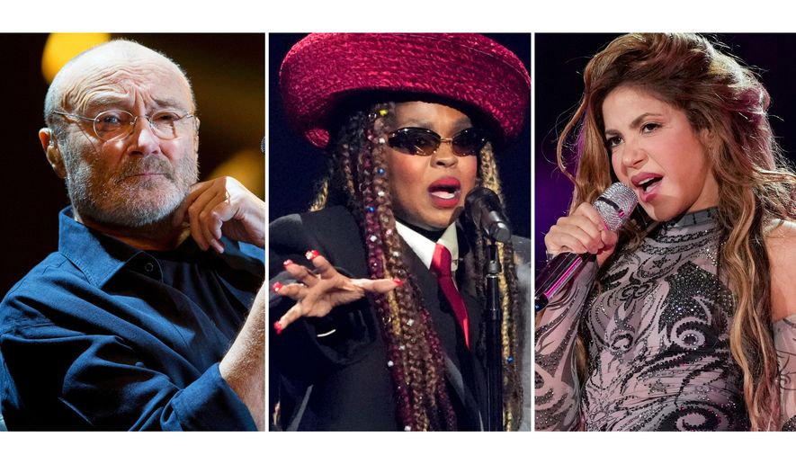 Phil Collins performs at Palacio de los Deportes in Mexico City on March 9, 2018, left, Lauryn Hill performs during the draw for the 2026 soccer World Cup in Washington on Dec. 5, 2025, center, and Shakira performs during the Global Citizen Festival in New York on Sept. 27, 2025. (AP Photo)