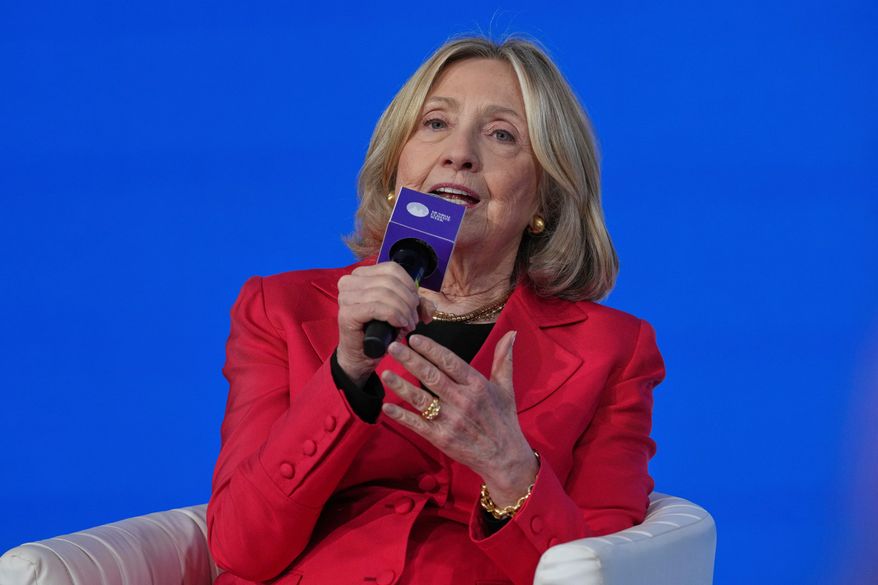 Former Secretary of State Hillary Clinton speaks at the inaugural Mumbai Climate Week in Mumbai, Feb. 18, 2026. (AP Photo/ Rafiq Maqbool) **FILE**