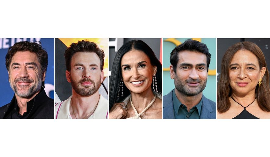 This combination of photos show, from left, Javier Bardem, Chris Evans, Demi Moore, Kumail Nanjiani and Maya Rudolph. (AP Photo)