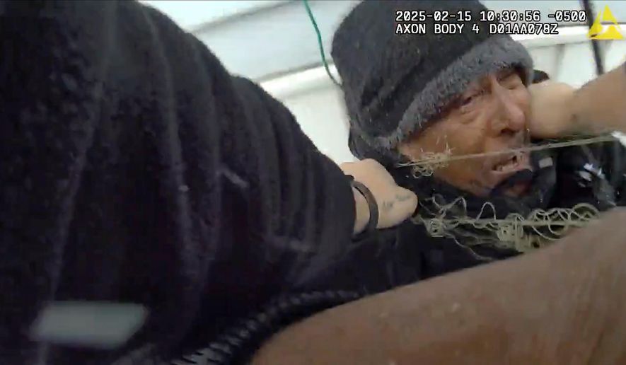 This image from body camera video provided by the Buffalo Police Department shows Nurul Amin Shah Alam, left, as he is arrested by Buffalo Police officers in Buffalo, N.Y., on Feb. 15, 2025. (Buffalo Police Department via AP)