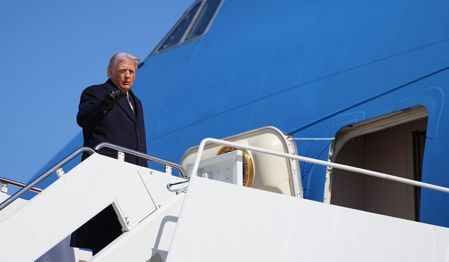 President Donald Trump boards Air Force One at Joint Base Andrews, Md., Friday, Feb. 27, 2026, en route Corpus Christi, Texas. (AP Photo/Matt Rourke)