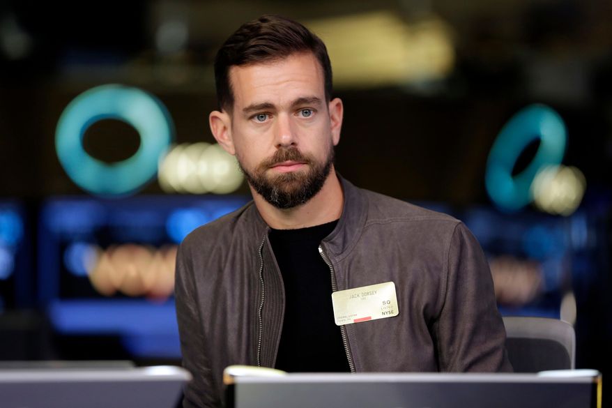 File- This photo taken Nov. 19, 2015, shows Square CEO Jack Dorsey being interviewed on the floor of the New York Stock Exchange. (AP Photo/Richard Drew, File)