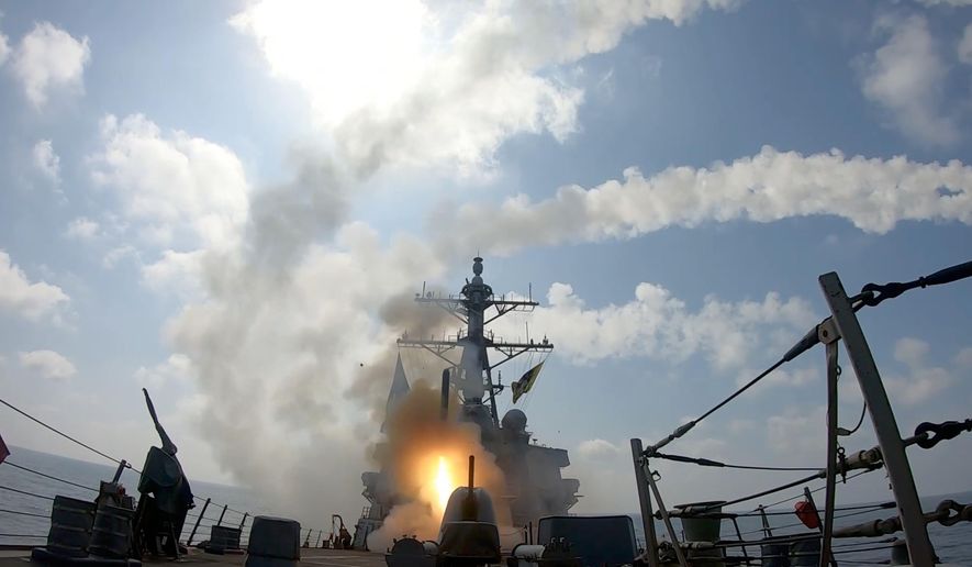 This image from video provided by U.S. Central Command shows a missile being launched from a U.S. Navy ship in support of Operation Epic Fury on Saturday, Feb. 28, 2026. (U.S. Central Command via AP) **FILE**
