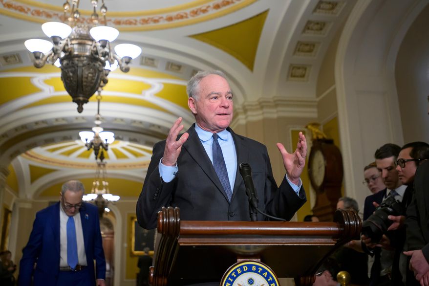 Sen. Tim Kaine, D-Va., speaks during the Senate Democrat policy luncheon news conference at the Capitol, Tuesday, Feb., 10, 2026, in Washington. (AP Photo/Rod Lamkey, Jr.)