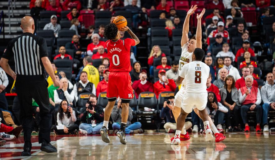 Rutgers guard Tariq Francis takes a shot in the Scarlet Knights' win over Maryland, Sunday, March 1, 2026 in College Park, Md. (All-Pro Reels)