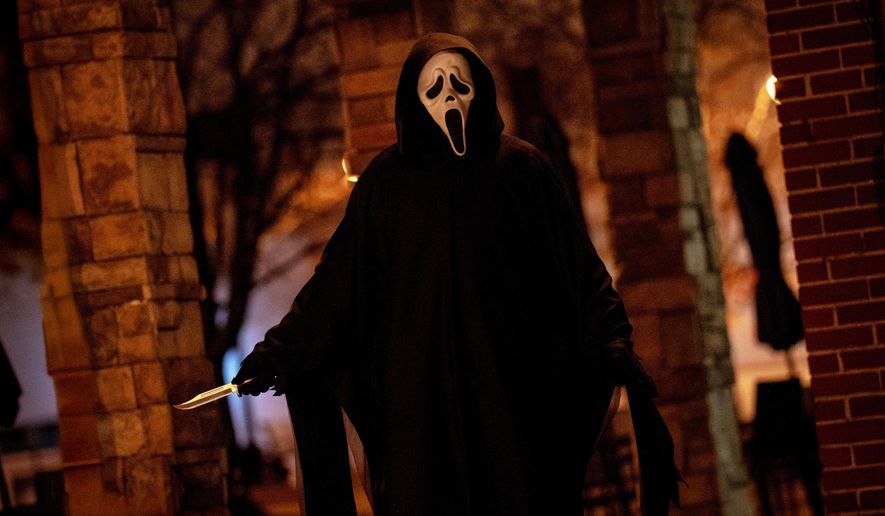 This image released by Paramount Pictures shows the character Ghostface in a scene from "Scream 7." (Paramount Pictures via AP)