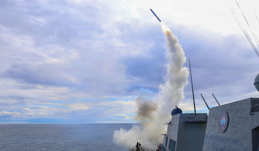 This image provided by U.S. Central Command shows the Arleigh Burke-class guided-missile destroyer USS Thomas Hudner (DDG 116) firing a Tomahawk Land Attack Missile (TLAM) in support of Operation Epic Fury, on Sunday, March 1, 2026. (U.S. Navy via AP) ** FILE **