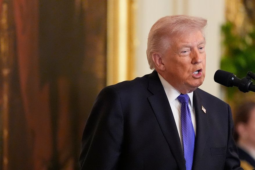 President Donald Trump speaking before participating in a Medal of Honor ceremony in the East Room of the White House, Monday, March 2, 2026, in Washington. (AP Photo/Mark Schiefelbein)