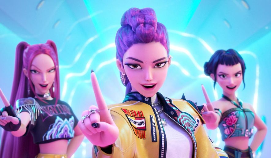 This image released by Netflix shows characters, from left, Mira, Rumi, Zoey in a scene from "KPop Demon Hunters." (Netflix via AP)