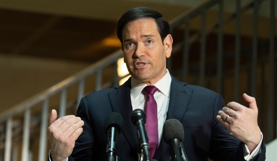 Secretary of State Marco Rubio speaks to reporters before his scheduled House and Senate Intelligence Committees briefing about Iran on Capitol Hill in Washington, Monday, March 2, 2026. (AP Photo/Manuel Balce Ceneta)