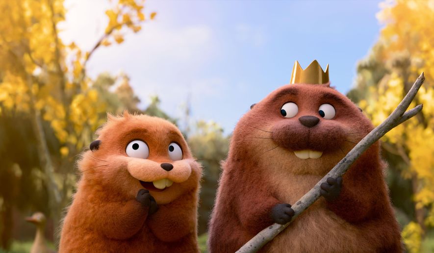 This image released by Disney shows Mabel Beaver, voiced by Piper Curda, left, and King George, voiced by Bobby Moynihan in a scene from the animated film "Hoppers." (Disney/Pixar via AP)