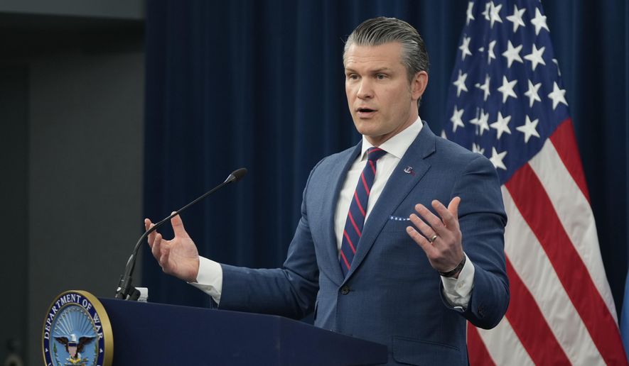 Defense Secretary Pete Hegseth speaks during a press briefing at the Pentagon, Monday, March 2, 2026, in Washington. (AP Photo/Mark Schiefelbein)