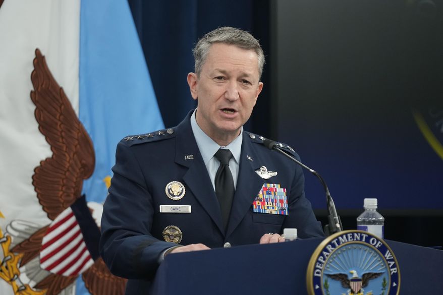 Chairman of the Joint Chiefs of Staff Gen. Dan Caine speaks during a press briefing at the Pentagon, Monday, March 2, 2026, in Washington. (AP Photo/Mark Schiefelbein) ** FILE **